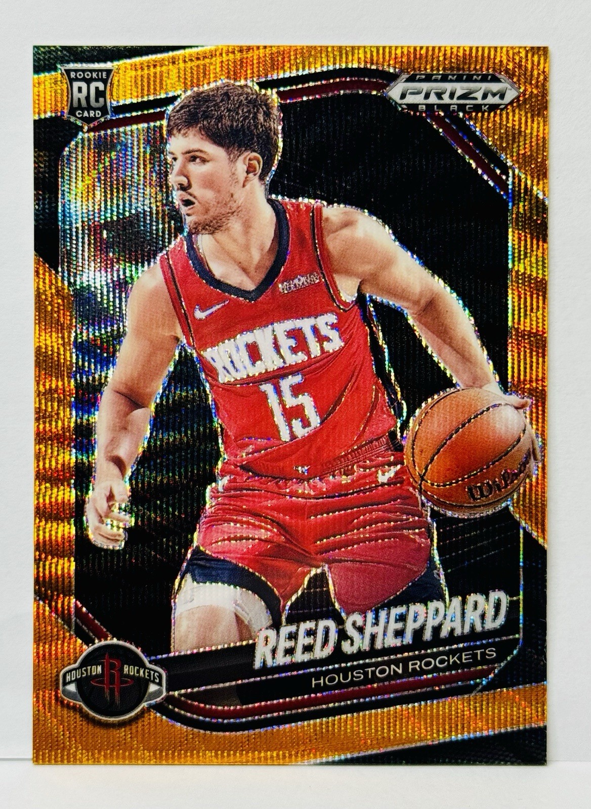 Reed Sheppard (RC) SSP /60 ✨ 2024-25 Prizm Black Orange Wave Prizm #145 Rockets