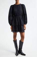FARM RIO Pintuck & Lace Detail Long Sleeve BLACK Cotton Minidress Size M