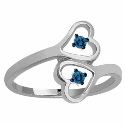 0.02 Ct Blue Natural Diamond Double Heart Promise Rg  White Gold Plated Silver