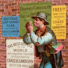 c1886 Chase & Sanborn Coffee Tea Trade Card Hobo Bum Smoking Pipe Poster Hanging