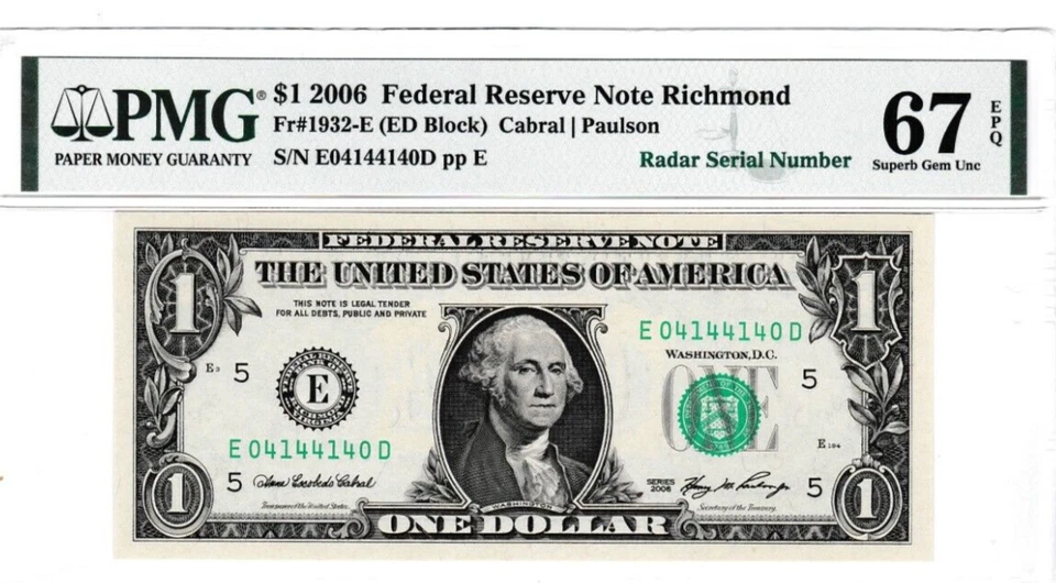 $1  ONE DOLLAR Federal Reserve note FANCY RADAR  Serial Number  04144140  PMG 67 - Image 2 of 3