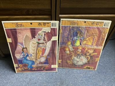 2 Vintage Disney Beauty and the Beast Frame Tray Puzzle Golden 8308B Belle