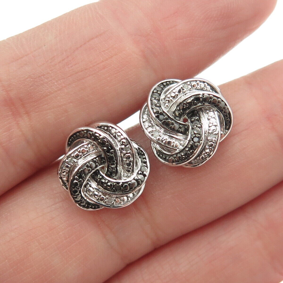 925 Sterling Silver Round Cut Black Simulated Diamond Twisted Stud Earrings