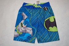 Boys Swim Trunks BATMAN Blue Green DIAG. STRIPES Rear Pocket SIZE 5-6