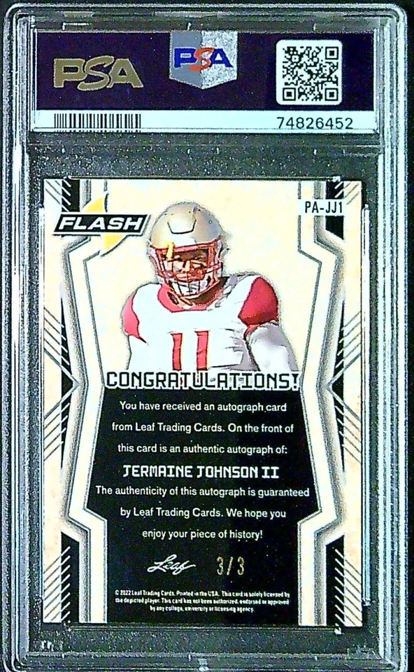 2022 JERMAINE JOHNSON AUTOGRAPH SNAKE SKIN SPARK LEAF FLASH Rookie PSA 9 SN 3/3 - Image 2 of 2