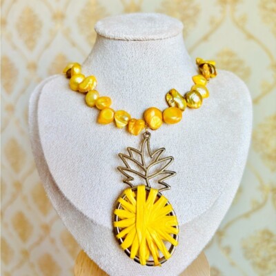Yellow and gold pineapple necklace with real pearls and metal festivalvibes