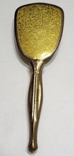 Vintage Hand Held Vanity Hair Brush Floral Vines Etched Design Gold Tone Rustic
