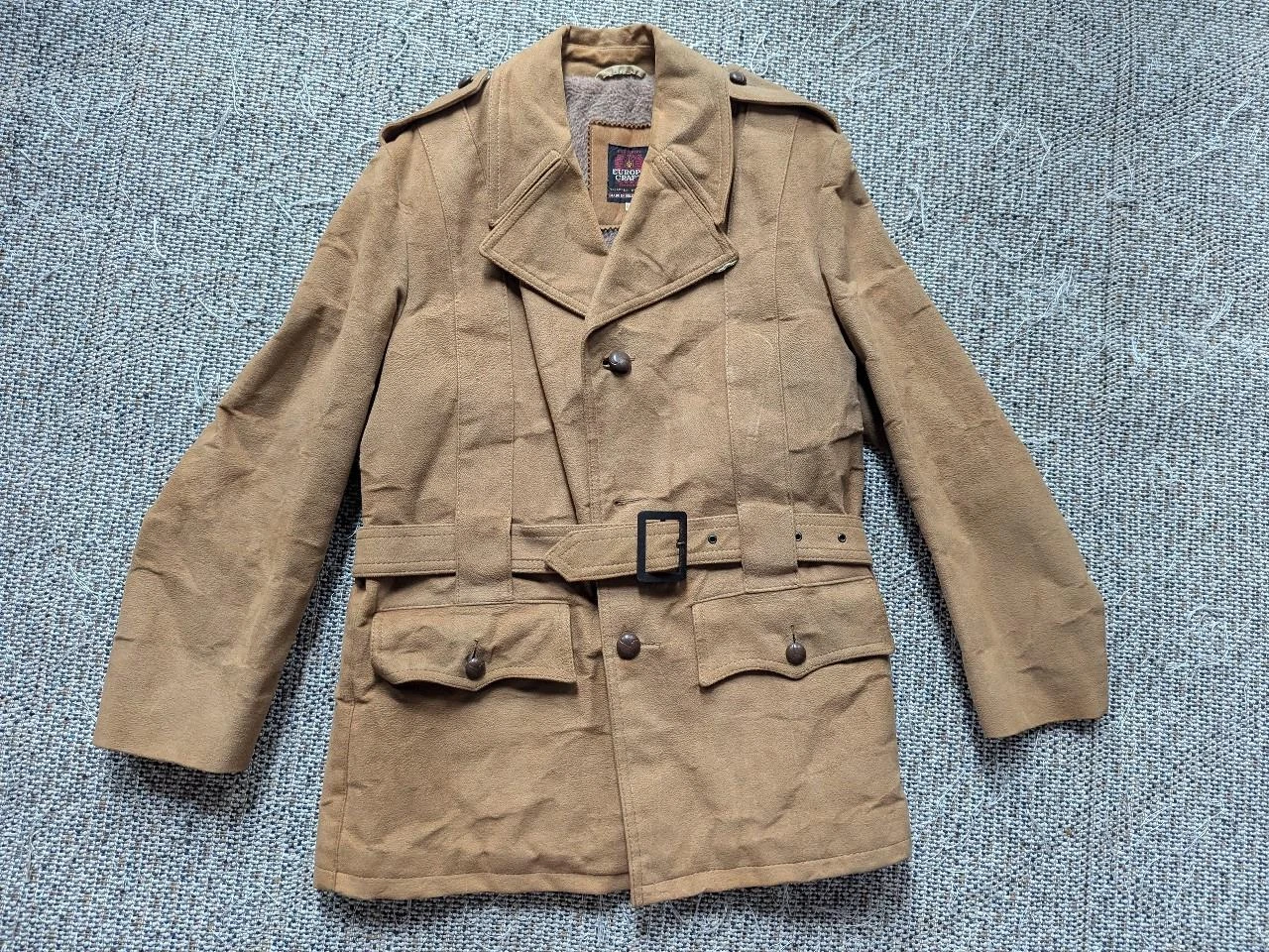 vintage TRENCH COAT leather BELTED jacket 40 brown NORFOLK faux suede SHERLOCK - product detail image 1