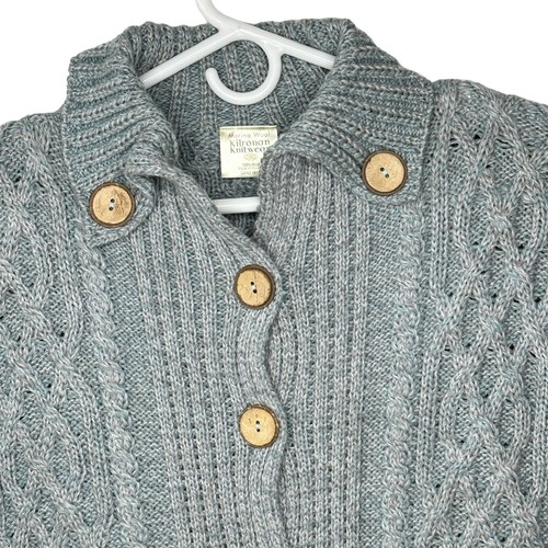 Kilronan Knitwear Cardigan Sweater Blue Merino Wool Womens XXS Irish Cable Knit - Picture 2 of 8