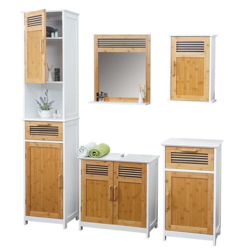 Badmöbel HWC-A85, Badezimmer Badschrank Badset Bambus, weiß - 第 1/22 張圖片