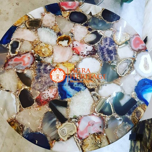Natural Agate Stone Round Console Coffee Table Top Semi Precious Geode Stone Dec - Picture 2 of 6