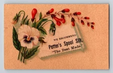 Victorian Trade Card Potter's Spool Silk Pansy Flowers Sewing Thread 2.5" x 4"