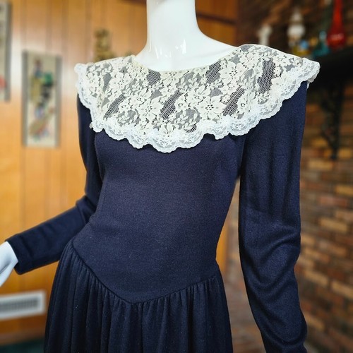 Vtg 80s Victorian Goth Prairie Jessica McClintock Gunne Sax Black Party Dress L - Picture 2 of 7