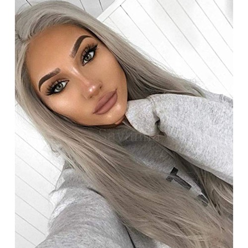 Women's Full Wig Gray Long Straight Synthetic Lace Front Wig Hair Heat Resistant - Picture 10 of 12