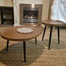 2 in 1 Smooth Nesting Coffee Side End Tables Nest Wooden Tabletop w/ Metal Legs