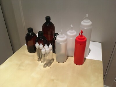 Verschiedene Kunststoff LDPE Squeeze und PET Flaschen + 27x 2oz Töpfe
