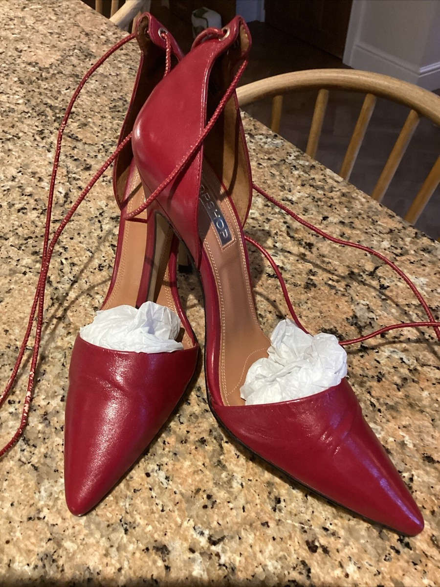 Topshop Burgundy Red Rouge Leather Heels Ankle Tie Tassel Size