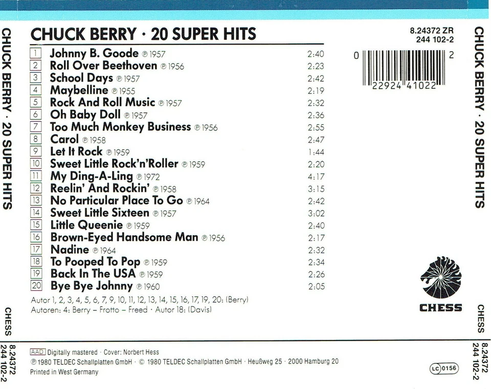 (CD) Chuck Berry – 20 Super Hits - Roll Over Beethoven, Sweet Little Sixteen - Bild 2 von 2