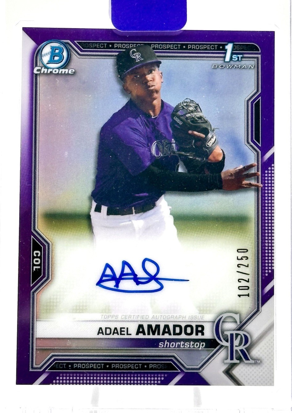 2021 Bowman Chrome 1st Adael Amador Purple Refractor Auto /250 Colorado Rockies