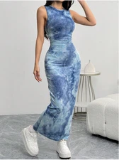 EZwear Women's Slim Summer Tie Dye Print Tank Bodycon Long Dress Sz XS S M L