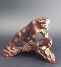 Wood Carved Tiger Figurine Chinese 5in X 6in