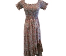 Women's Blue Rain Floral Print Short Sleeve Smocked Top Hi-Lo Hem Maxi Dress Lg
