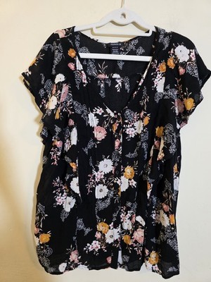 Torrid Women's 00(M/L) Black Rayon Textured Woven Flutter Sleeve Blouse Romantic