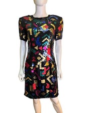 A.J. Bari Vintage 100% Silk Multicolor Sequin Geometric Short Sleeve Dress Sz 12