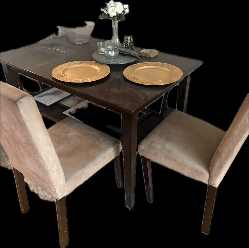 Beautiful Chestnut Dinning Room Table Set With Brown Suede Chairs