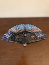 Vintage Marked 1952 Spanish Folding Fan One Sided Wooden Hand Painted 16  Open