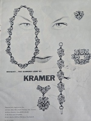 1952 Kramer Bouquet diamond look necklace bracelet pin Vintage Jewelry ad 