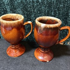 Pair Of Hull USA Brown Drip Glazed Pedestal Mug 6” Tall 3” in Diameter Lot Of 2
