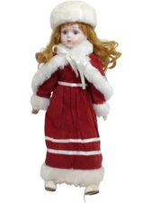 Porcelain Doll With Stand Red Dress White Trim Christmas 15" tall