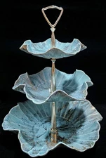 Vintage California Pottery USA 3 Tier Tidbit Tray Turquoise Blue Gold Swirls 13"