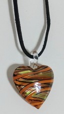 Art Glass Lampwork Heart Pendant Necklace Red White Black Gold Swirl 18"