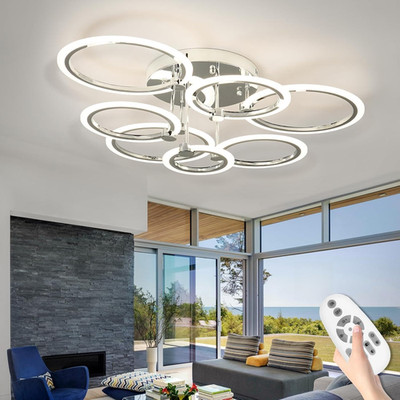 Dimmable 7-Ring LED Flush Mount Ceiling Light with Remote Control - Chrome
