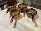 Lot  8 pcs Vtg Vision Corning Ware Amber Saucepans  w/ Pyrex Lid  USA