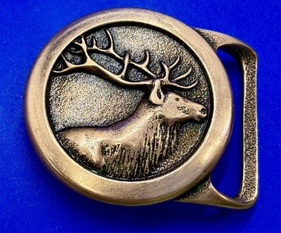 Tech Ether Guild Inc. 1978 Brass Elk Buck Deer Vintage Round Belt Buckle