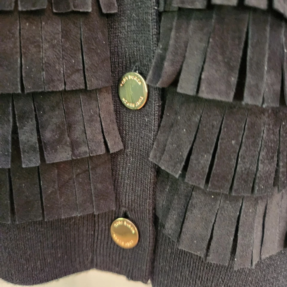 Cárdigan Suéter Tory Burch XS Mujer Negro Lana Merino Cuero Flecos Carrera Foto 4 de 4