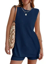 Womens Two Piece Spring Summer Outfits Sleeveless Knit Sweater Tank Tops and ...