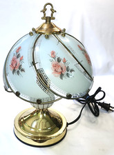 Vintage ROSES Floral Glass Panel Gold Tone 3-Way Touch Lamp Works