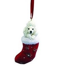 Poodle White Christmas Stocking Ornament w "Santa's Little Pals" Hand Painted