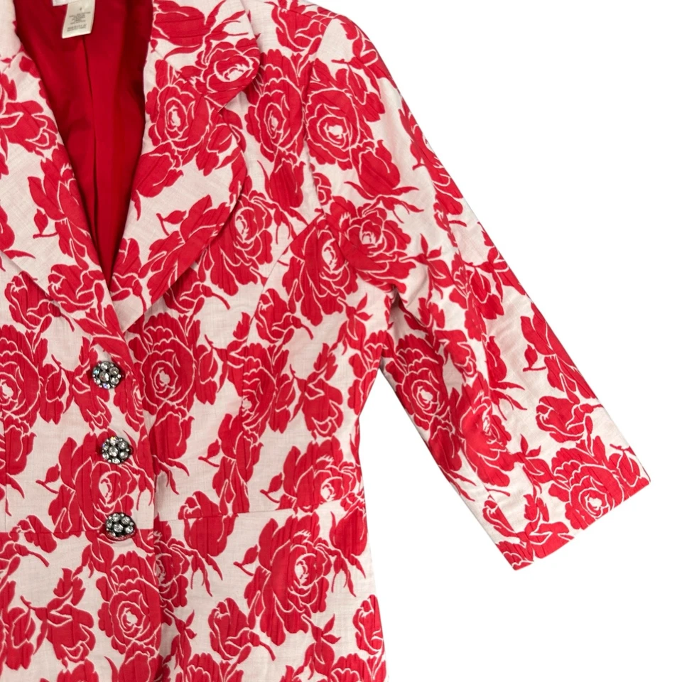 Chaqueta Blazer Vintage Harold’s 6 Rojo/Blanco Floral Damasco 3 Botones Manga 3/4 4 Foto 2 de 4