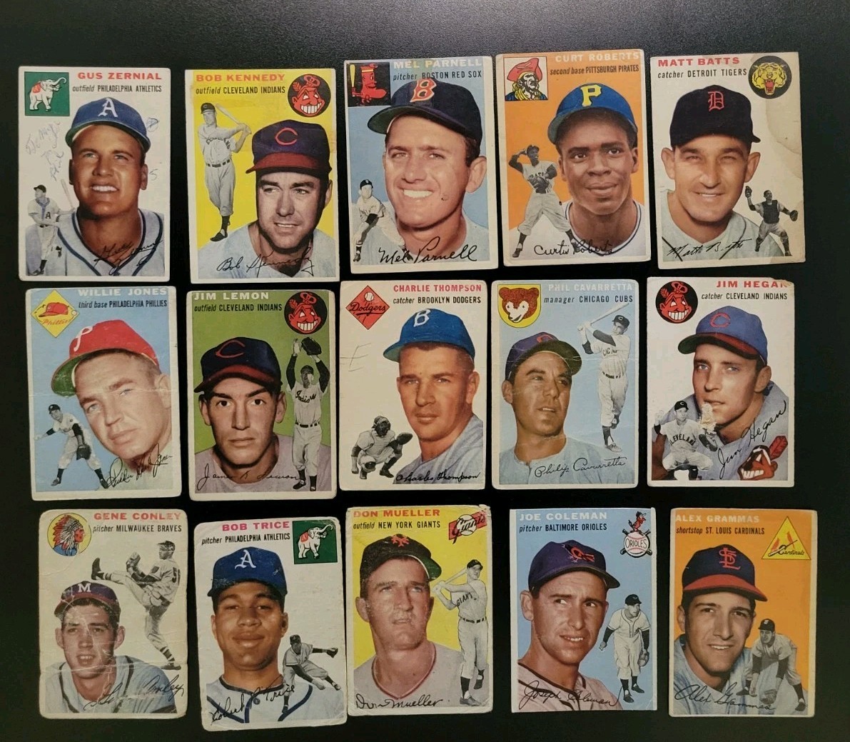 1954 Topps Baseball Card Lot - 15 Vintage Cards - W/ Alex Grammas and Matt Batts