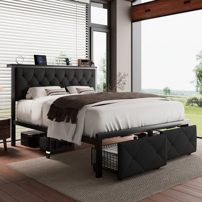 Black Upholstered Two Drawer Storage Bed Full Size Bedroom Furniture