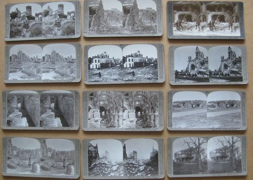 MILITARY Job Lot of 12x WW1 Bomb-Damaged Scene Stereoviews by Realistic