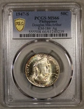 1947 S Philippines Silver MacArthur 50 Centavos PCGS MS66 Toned