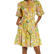 Tory Burch Wallpaper Floral Smocked Swing Dress Puff Sleeve Ruffle Collar Size M