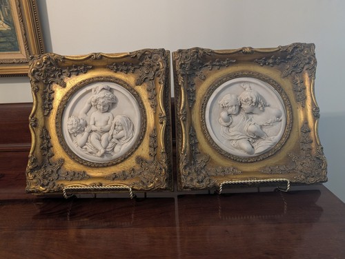Pair of Antique Edward William Wyon Relief Gilded Wood Framed Plaques