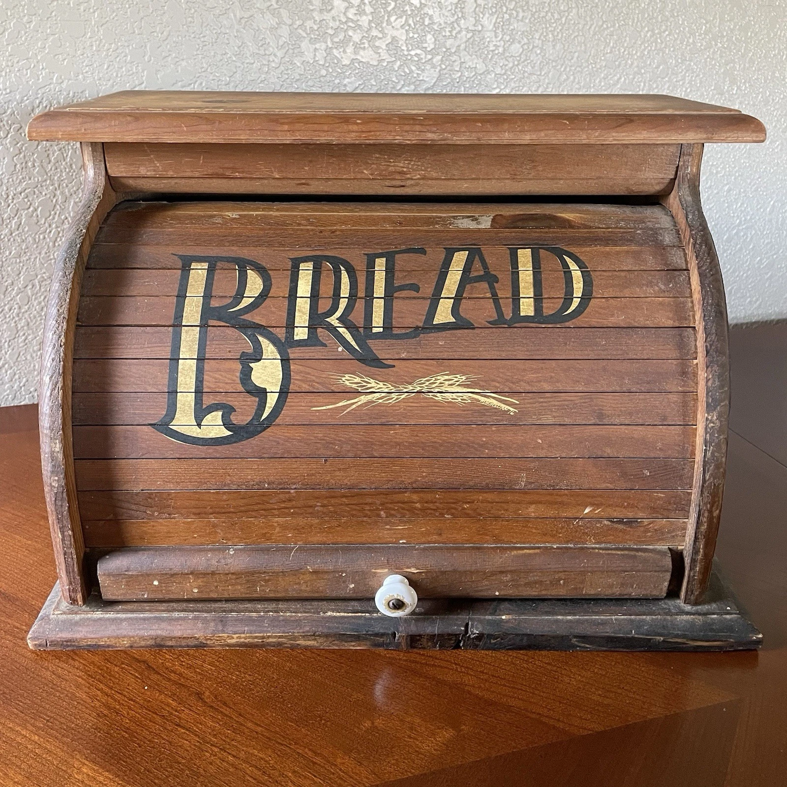 Vintage Roll Top BREAD BOX Storage Primitive Rustic Farmhouse Wooden Wood